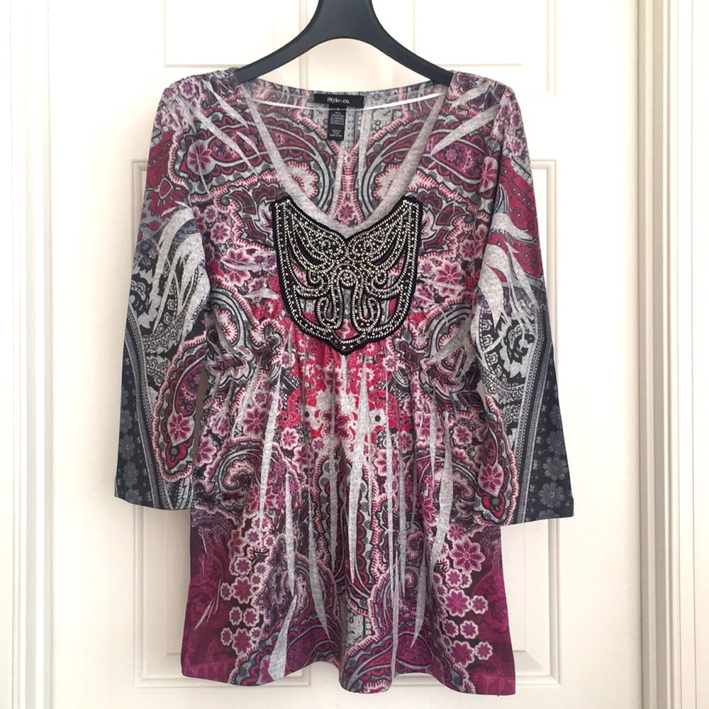 Host Pick 🦋 Style & Co. Top Small Heavy Decorative Neckline 3/4 Sleeves NWOT